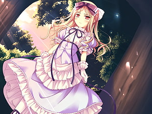 yellow haired female anime character in purple and white dress