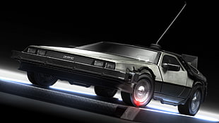 gray DMC coupe, Back to the Future, DeLorean, supercars, digital art