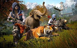 game application digital wallpaper, Far Cry 4, Far Cry, tiger, elephant