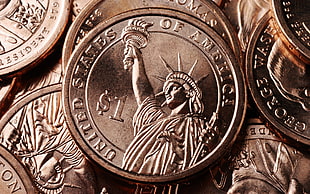gold-colored $1 USA Liberty coin, money, gold, coins