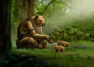brown mountain bear wearing black tank top while teaching his/her babies