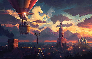 game digital wallpaper, hot air balloons, horse, clouds