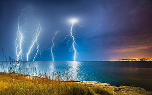 lightning above body of water, nature, landscape, lightning, coast HD wallpaper
