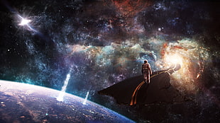 astronaut walking on asphalt road HD wallpaper, space, planet, spiral galaxy, galaxy HD wallpaper
