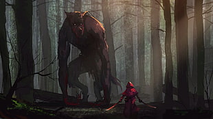 person holding sword near monster illustration, werewolves, sword, Little Red Riding Hood, wood HD wallpaper