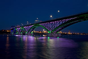 bridge surrounded with green and purple lights above body of water