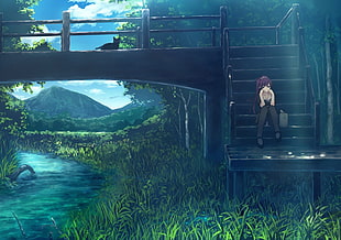 female anime character sitting on bridge i;lustration, manga