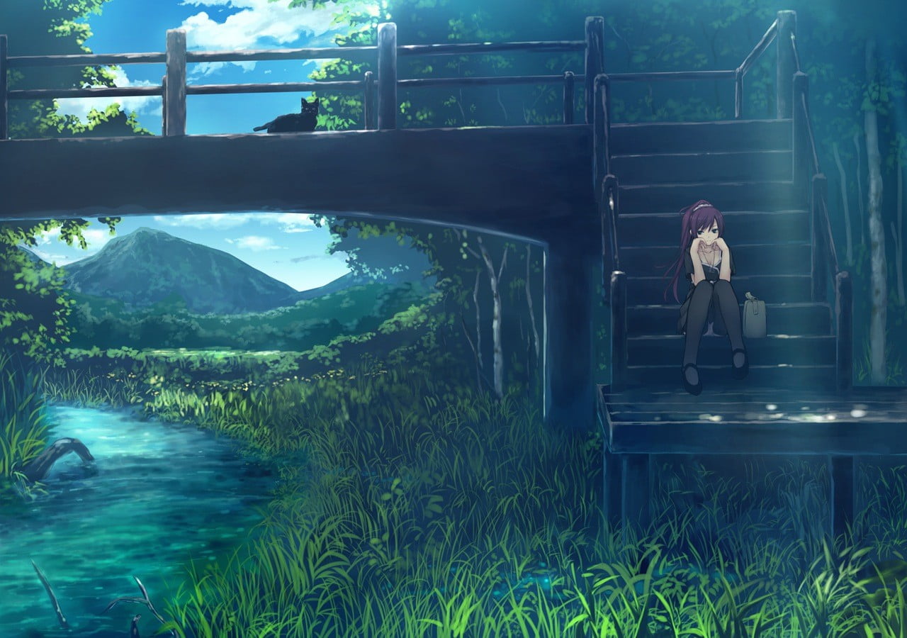 female anime character sitting on bridge i;lustration, manga