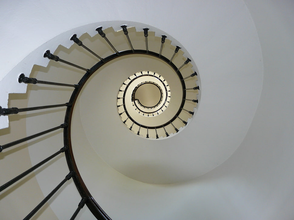 worms eyeview photography of spiral stairs HD wallpaper