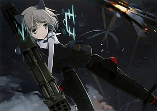 girl in white and black long-sleeved dress holding rifle animal character