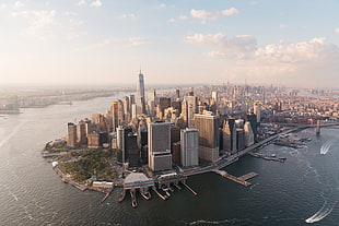 aerial view of city buildings, cityscape, New York City, helicopter view, bay
