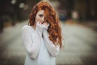 women's white long-sleeved shirt, redhead, women, looking at viewer, freckles