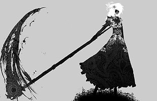 grim reaper illustration, scythe, monochrome