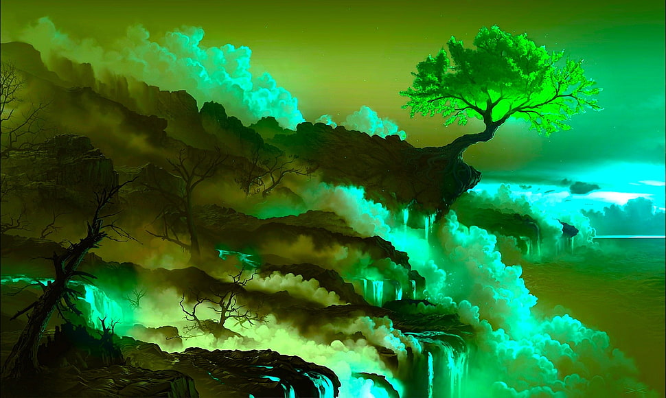 green leafed tree photo, digital art, nature, lava, cherry blossom HD wallpaper