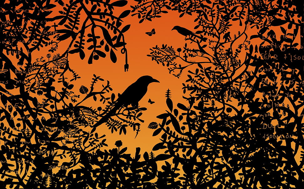 birds perching on tree branch, birds, orange, black, artwork HD wallpaper