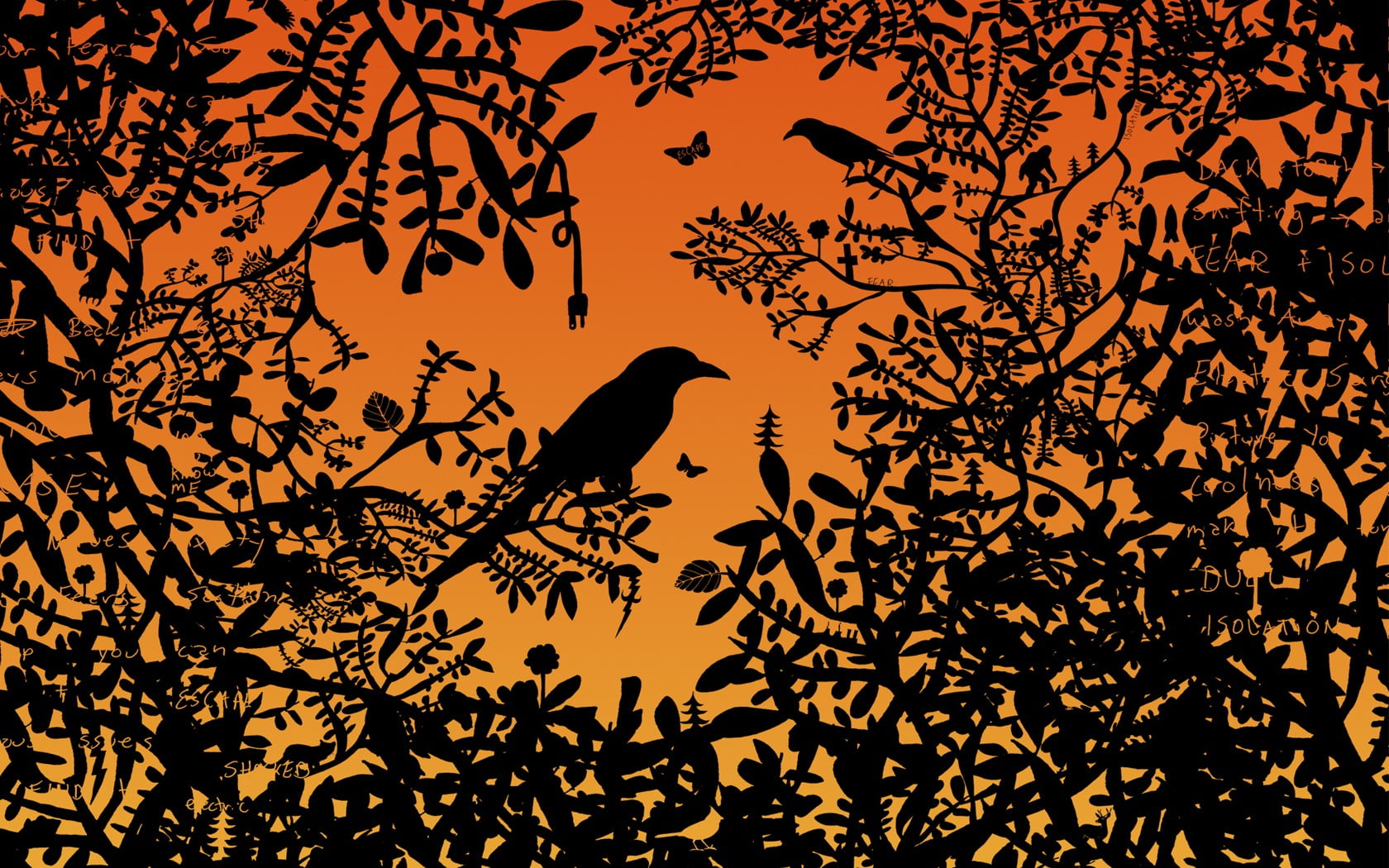 birds perching on tree branch, birds, orange, black, artwork