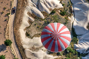 white and red hot air balloon, landscape, aerial view, nature, hot air balloons HD wallpaper