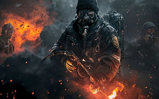 three man wearing gas mask wallpaper, thedivision, shooting, gas masks, video games