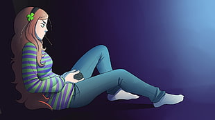 female anime character playing video games digital wallpaper, Vivian James, headphones, console, freckles
