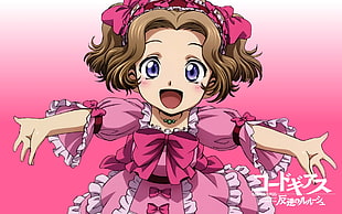 brown haired girl wearing pink dress anime character