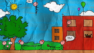 comic strip of group of people near red house HD wallpaper