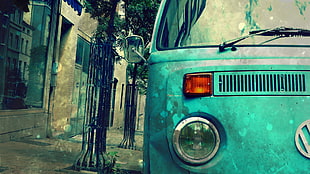 teal Volkswagen van, vokswagen, sambabus, city, vehicle HD wallpaper