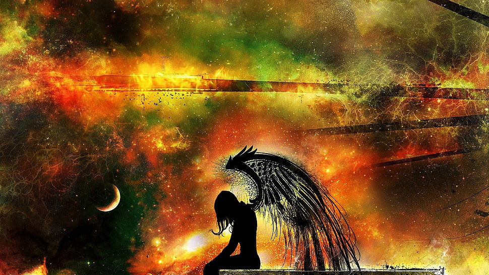 black angel illustration wallpaper, space, stars, Moon, angel HD wallpaper
