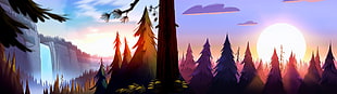 silhouette of pine trees during sunset digital wallpaper