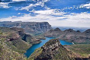 mountain range surrounded with water, river, canyon, nature, landscape