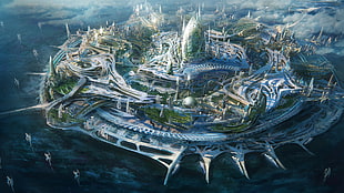 castle digital wallpaper, digital art, science fiction, island, futuristic city