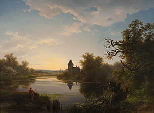 person fishing on river painting, painting, lake, trees, classic art