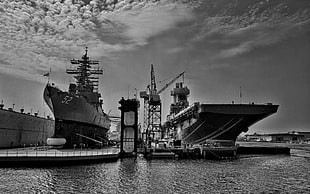 grayscale photo of naval ships, harbor, aircraft carrier, vehicle, monochrome