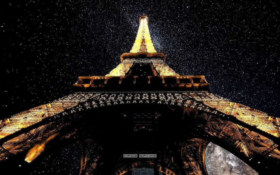 black and brown wooden table, worm's eye view, stars, Eiffel Tower, Paris HD wallpaper