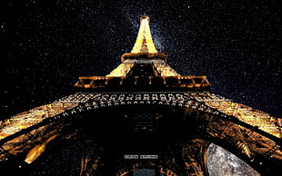 black and brown wooden table, worm's eye view, stars, Eiffel Tower, Paris