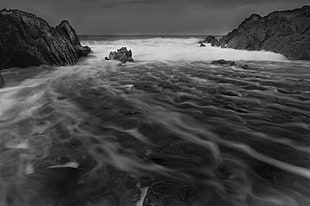 grayscale photography of ocean waves