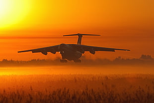 black airplane digital wallpaper, aircraft, orange, sunset, field