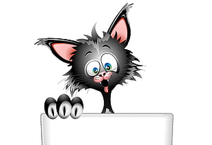 black cat using laptop illustration, minimalism, digital art, white background, animals