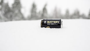 black and gray battery pack, battery, can, snow, energy drinks HD wallpaper