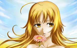 yellow eyed and yellow haired female anime character holding flower HD wallpaper