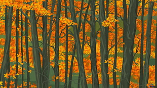 brown and orange trees painting, trees, forest, green, glass