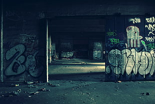gray concrete floor, ruin, graffiti, abandoned