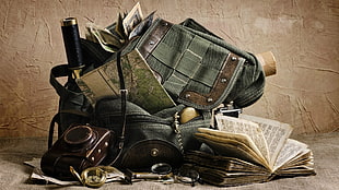 green duffel bag, adventurers, map, backpacks, books