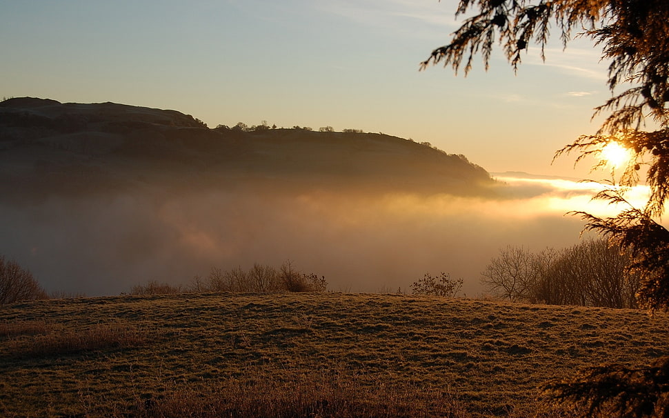 fogs on mountains during sunrise HD wallpaper
