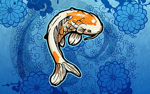 orange white fish illustration, fish, artwork, blue background, animals HD wallpaper