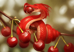 red dragon on eating cherry digital wallpaper