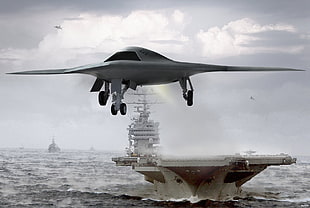 gray aircraft, aircraft carrier, X-47B, military, ship HD wallpaper