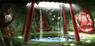 body of water illustration, temple, pond, fantasy art HD wallpaper