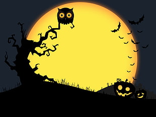 silhouette of owl on tree branch illustration, Halloween