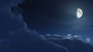 half moon illustration, Moon, night, clouds, stars