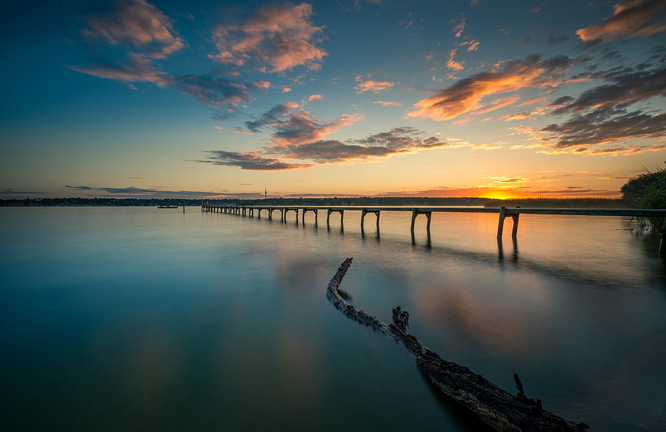 black bridge in the sea, clouds, bridge HD wallpaper